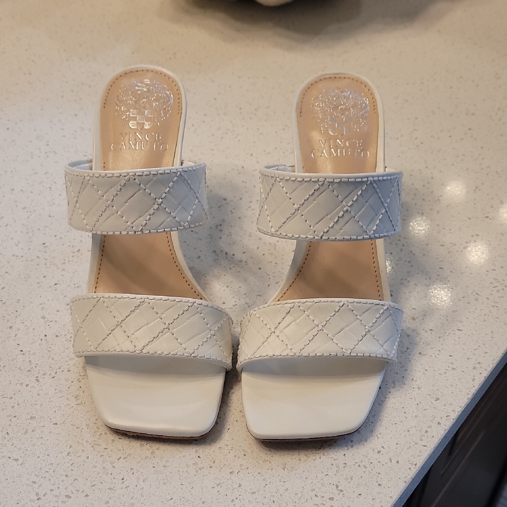 Vince Camuto White Quilted Leather Double Strap Heeled Sandals